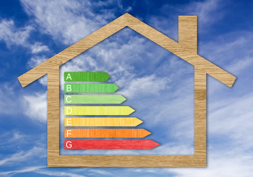 Wood Textured Energy Efficiency Certification Symbols Against a Sky Background