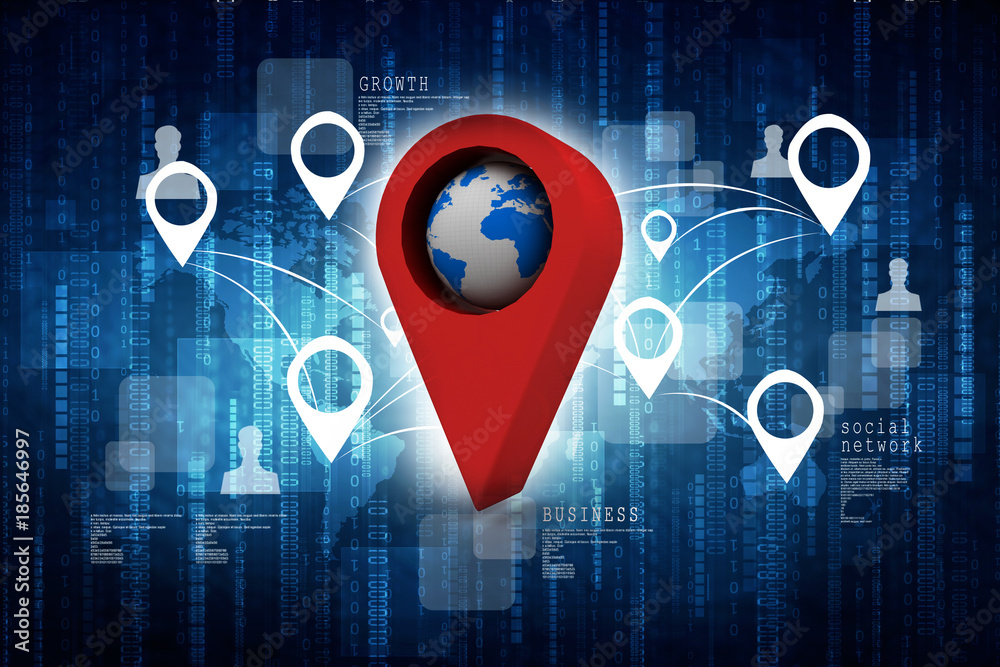 Fototapete 3d rendering red map pointer with world map