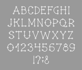English alphabet, font, Schema, white, vector. Capital letters and digits of the English alphabet. Vector font. Scheme. Connection. White letters on gray background.  