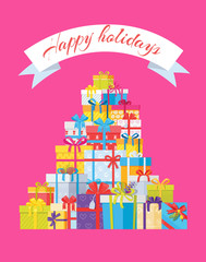 Happy Holidays Postcard with Mountain of Gift Boxes