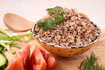 Fresh vegetables. Buckwheat. Vegetarian dinner