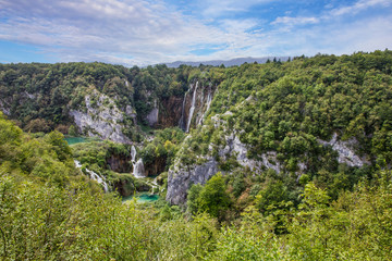 Fototapeta na wymiar Croatia Waterfall of Plitvice lake, natural travel background, national park