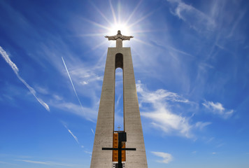 Composition of beautiful sky and Christ the King in Lisbon