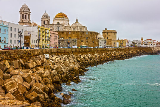 Cadiz town, Spain. Sea front Cathedral Campo del Sur