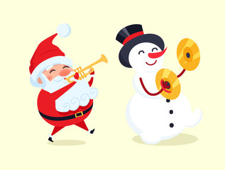 Santa Playing on Trumpet, Snowman with Drum Cymbal