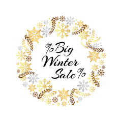 Fototapeta na wymiar Big Winter Sale Inscription in Frame of Snowflakes
