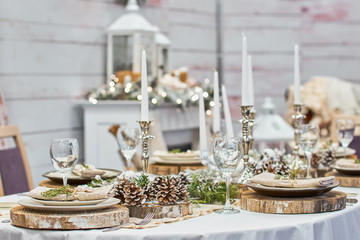 Christmas background with an empty plate. decorations for the New Year's table.