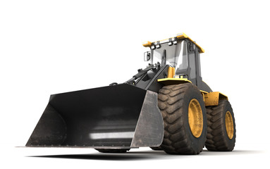 Powerfull concept. Massive yellow hydraulic earth mover isolated on white. Right to left direction....