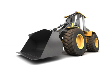 Powerfull concept. Massive yellow hydraulic earth mover isolated on white. Right to left direction. 3D illustration. Wide angle. Front view