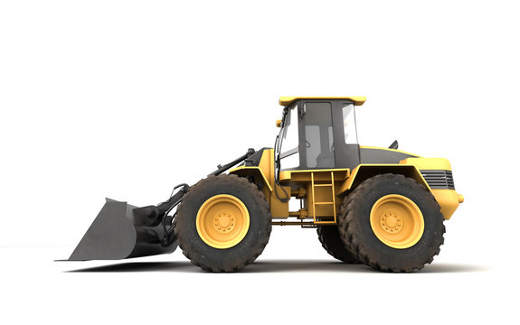 Powerfull concept. Massive yellow hydraulic earth mover isolated on white. Right to left direction. 3D illustration. Left view