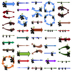 Set of colored vector arrows with black currants. The original arrow-shaped elements of different colors. Vector illustration