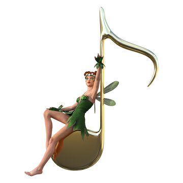 3D Rendering Green Fairy and Music Note on White