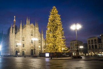 Fototapeta na wymiar Milan, Italy: Duomo square in december with the christmas tree in front of Milan cathedral, night view.