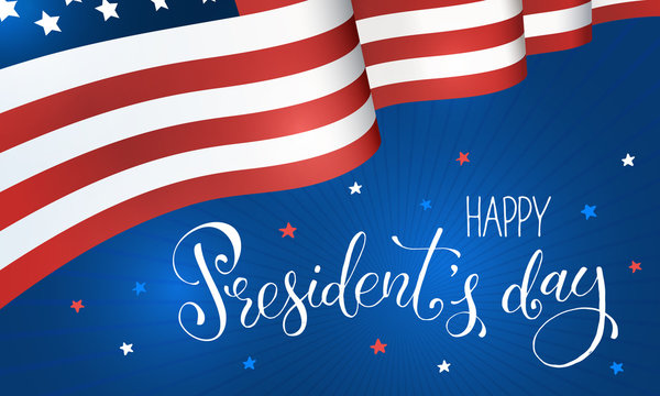 Happy Presidents Day. Horisontal flag of USA with text on blue background. USA President Day banner.