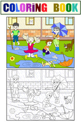 Kids coloring vector children playing in rainy weather