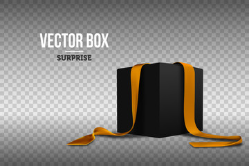 Black gift box with gold ribbons. Festive packaging Realistic vector illustration