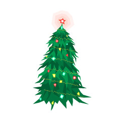 Vector Cartoon Christmas Tree Isolated on White Background. Green Fir Tree with Lights and Toys. Vector Illustration for Christmas and New Year.