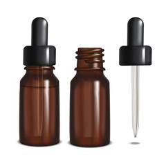 Glass Bottles with Pipette. Blank Mock Up for Presentation of Cosmetic Skin Care Medical Product Essential Oil Design. Vector Isolated Illustration