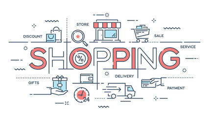 Shopping, e-commerce, retail, sale, delivery service thin line concept.