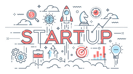 Startup, ideas and new business, development, project launch thin line concept.