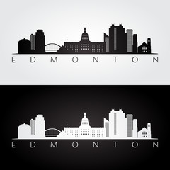 Edmonton skyline and landmarks silhouette, black and white design, vector illustration. - obrazy, fototapety, plakaty
