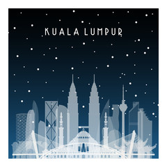 Winter night in Kuala Lumpur. Night city in flat style for banner, poster, illustration, background.