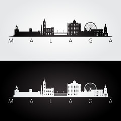 Malaga skyline and landmarks silhouette, black and white design, vector illustration. - obrazy, fototapety, plakaty