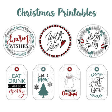 Christmas labels and stickers design with winter elements. Printable templates for gift tags.