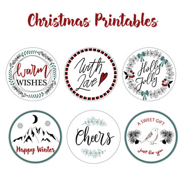 Winter holiday stickers and tags. Premade label templates. Christmas printables