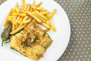 Fish with french fries on a plate, Siurana, Catalunya, Spain. Close-up.