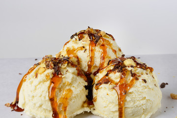 Vanialla Chocolate Icecream with Syrup, Caramel, Nuts. For package design