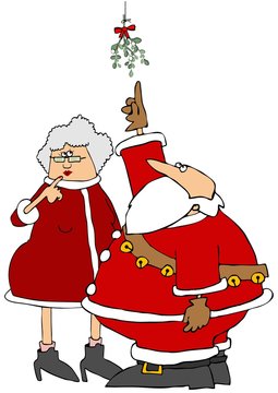 Illustration depicts Santa pointing to some mistletoe that he and Mrs. Claus are standing under.