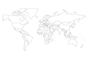 Political map of World with dots instead of small states. Blank map for school quiz. Simplified black thin outline on white background.