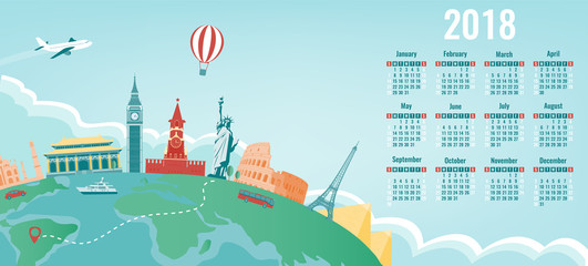 Calendar for 2018 with famous wolrd landmarks. Week Starts Sunday. Vector 