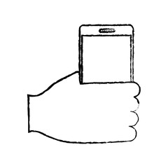 hand holding smartphone gadget icon image vector illustration design  black sketch line