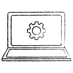 laptop with gear on screen computer icon image vector illustration design  black sketch line