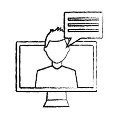 Fototapeta na wymiar computer monitor with person talking on screen icon image vector illustration design black sketch line