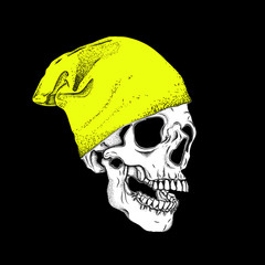 Portrait of a skull in a hat. Can be used for printing on T-shirts, flyers, etc. Vector illustration