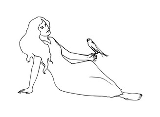 Young girl in a long dress sitting on the ground with a bird on her hand. Sketch style vector outline illustration.