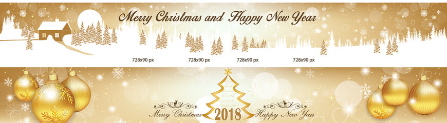 New Year banner set with snow flakes, baubles, shiny stars and christmas trees
