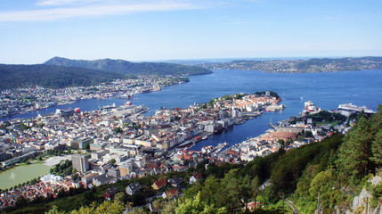 Fototapeta na wymiar Top view of the harbor of Bergen city, beautiful landscape, sunny day, Hordaland county, Norway