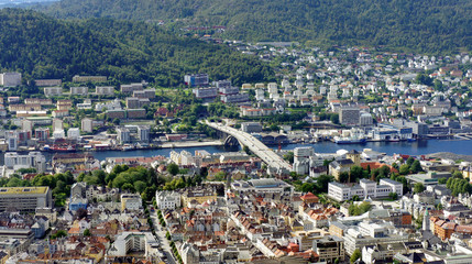 Top view of buildings of Bergen city, beautiful landscape, sunny day, Hordaland county, Norway