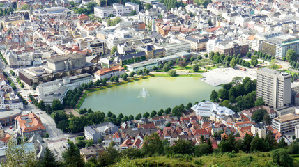Fototapeta na wymiar Aerial view of Lille Lungegardsvannet (Smalungeren) lake in the centre of Bergen city, beautiful landscape, sunny day, Hordaland county, Norway