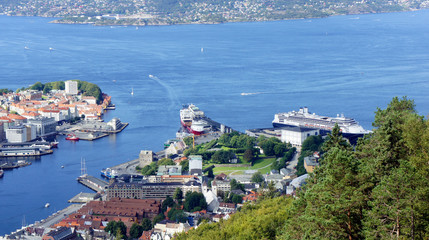 Top view of the port of Bergen city, beautiful landscape, sunny day, Hordaland county, Norway