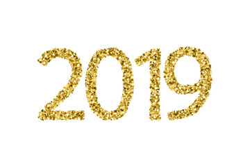 Gold shiny textured numbers 2019 New Year  isolated on a white background. 