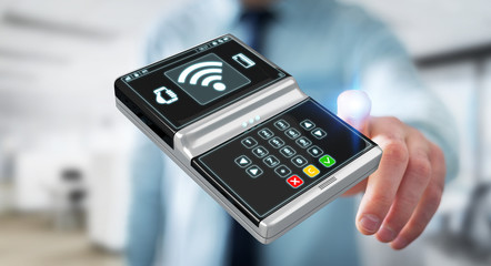 Businessman using contactless terminal payment 3D rendering