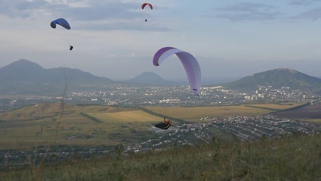 Paragliders on the background of the city