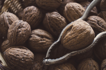 Close-up: Walnuts with nutcracker in a bowl.
