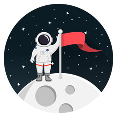 Astronaut auf Mond mit Fahne Flat Design Icon