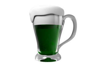 3d rendering of a cup of green beer with bubbles on top isolated on white background with clipping paths included, St Patrick day theme.